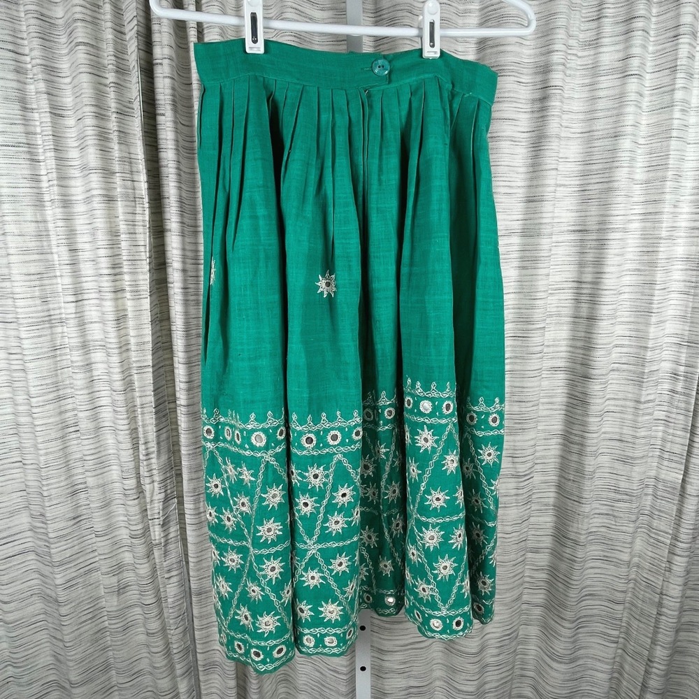 VTG Green Embroidered Mirror Shisha Midi Skirt Pleated Boho Ethnic High Waist‎